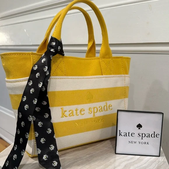 Kate Spade Bag Yellow White Striped Canvas Logo Small Tote Bag - Picture 1 of 17